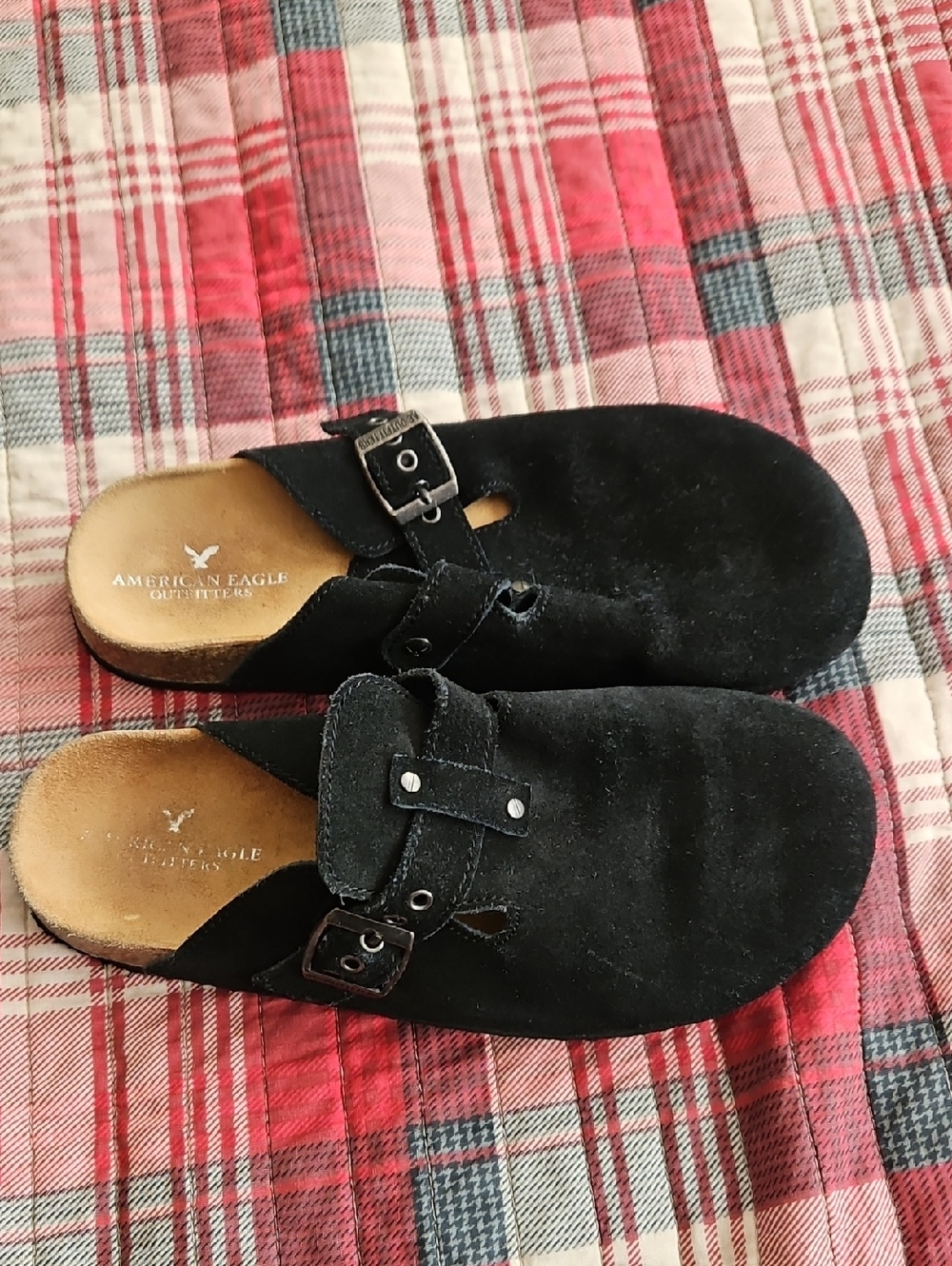 American Eagle Outfitters Black Suede Buckle Slip-On Clogs